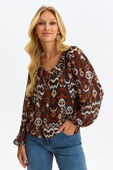 Casual Blouses, Brown women`s blouse thin fabric loose fit frilly trim around cleavage line - StarShinerS.com