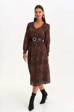 Brown dress from veil fabric midi cloche with elastic waist with v-neckline animal print