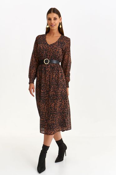 Long sleeve dresses - Page 3, Brown dress from veil fabric midi cloche with elastic waist with v-neckline animal print - StarShinerS.com
