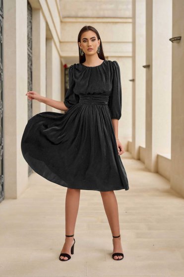 - StarShinerS black midi dress from satin with 3/4 sleeves and puffed sleeves