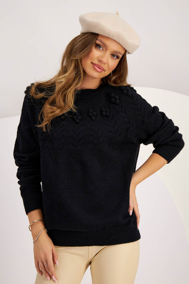 Tinute casual dama - Pagina 4, Pulover din tricot negru cu croi larg si model evidentiat in relief - SunShine - StarShinerS.ro