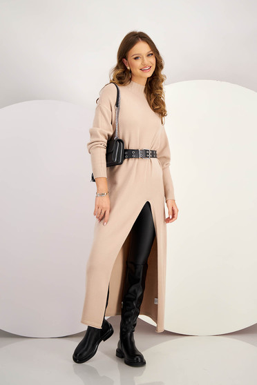 Online Dresses - Page 2, Beige dress knitted midi loose fit slit high collar - StarShinerS.com