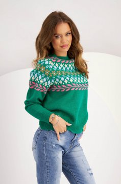 Fine knit green sweater with loose fit and abstract print - SunShine