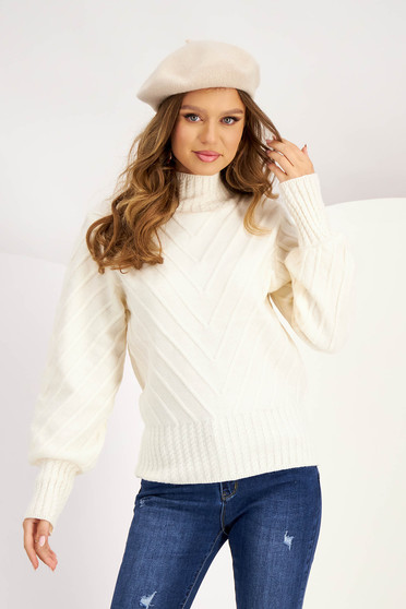 Ivory sweater knitted loose fit high collar raised pattern
