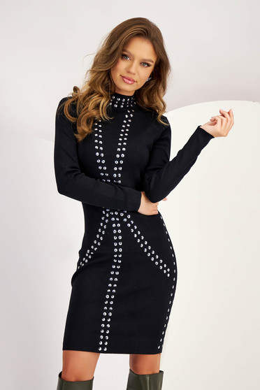 Winter dresses, Black dress knitted short cut pencil high collar with metallic spikes - StarShinerS.com