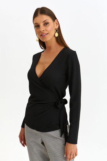 Black women`s blouse knitted tented wrap over front