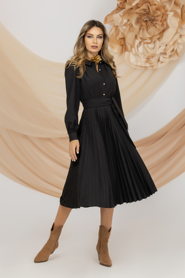 Pleated dresses, Pleated Midi Dress in Black Fabric with Elastic Waist - PrettyGirl - StarShinerS.com