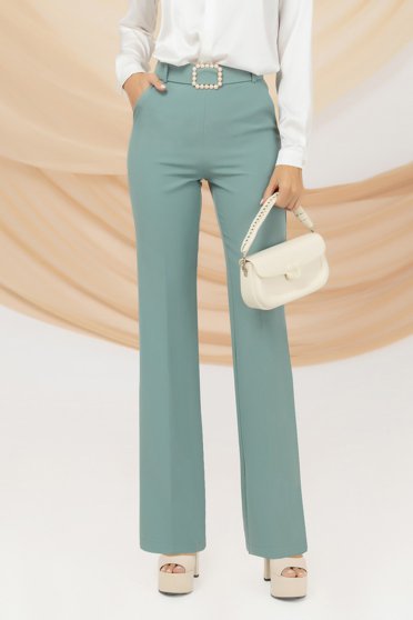 Pantaloni eleganti dama, Pantaloni din stofa elastica mint lungi evazati cu buzunare laterale si cordon detasabil - PrettyGirl - StarShinerS.ro