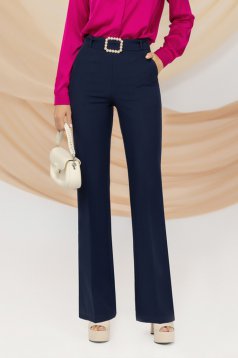 Navy blue stretch fabric trousers with flared long legs, side pockets and detachable cord - PrettyGirl