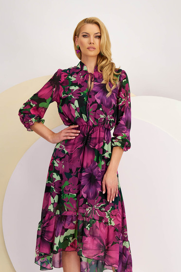 Online Dresses, Midi Veil Dress in A-line with Elastic Waist and Puffy Sleeves - StarShinerS - StarShinerS.com