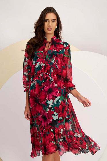 Online Dresses, Midi Veil Dress in A-Line with Waist Elastic and Puffed Sleeves - StarShinerS - StarShinerS.com