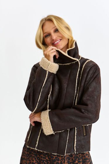 Brown jacket from ecological fur short cut straight high collar