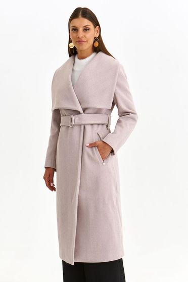 Palton din stofa roz deschis lung cu un croi drept accesorizat cu cordon si buzunare laterale - Top Secret