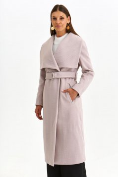 Lightpink coat elastic cloth long straight accessorized with tied waistband lateral pockets