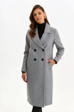 Palton din stofa gri lung cambrat cu buzunare laterale si guler tip rever - Top Secret