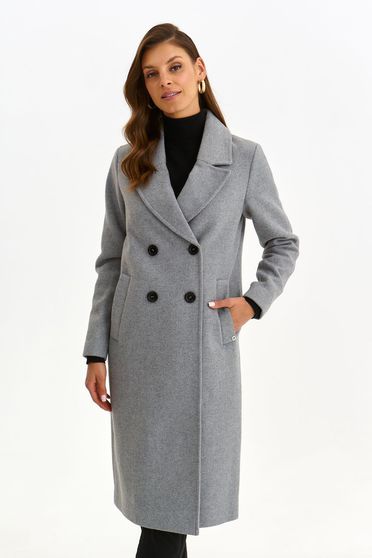 Paltoane dama online, Palton din stofa gri lung cambrat cu buzunare laterale si guler tip rever - Top Secret - StarShinerS.ro