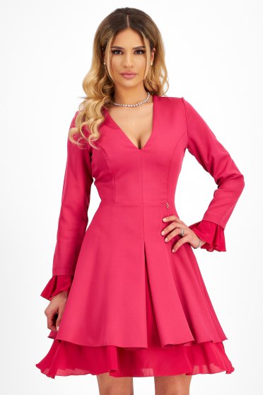 Rochii elegante cu maneca lunga, Rochie din stofa elastica roz scurta in clos cu volanase din voal - StarShinerS - StarShinerS.ro