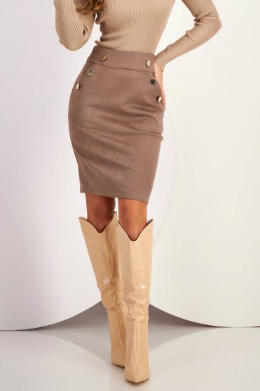 Sales Skirts, Beige Short Faux Suede Pencil Skirt with Side Pockets - SunShine - StarShinerS.com