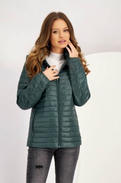 Dark green feather-light jacket with a straight cut and detachable hood