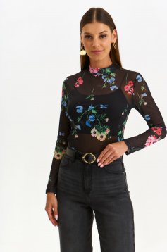 Bluza din plasa neagra mulata cu imprimeu floral - Top Secret