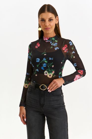 Casual jumpers, Black sweater net stockings tented with floral print - StarShinerS.com
