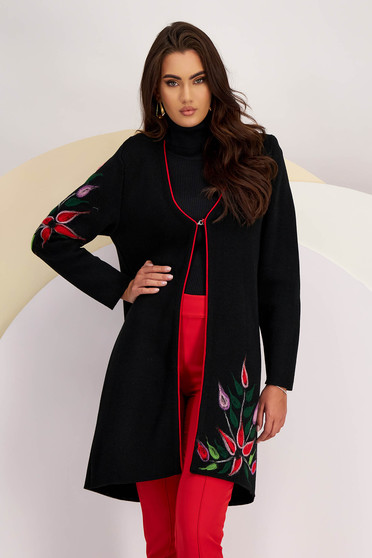 Black Knit Cardigan with Front Closure and Floral Patterns - Lady Pandora