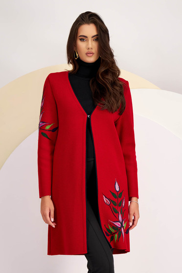 Red Knit Cardigan with Front Closure and Floral Motifs - Lady Pandora