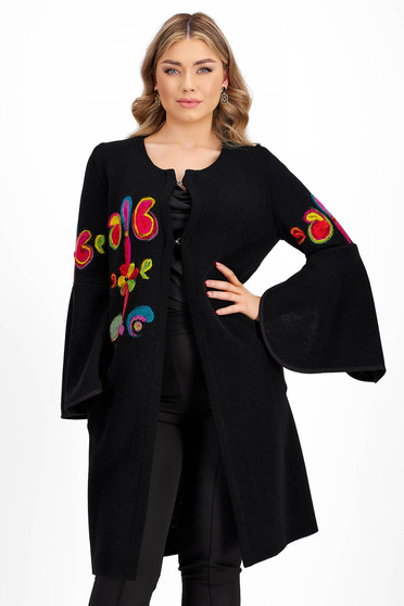 Black Knitted Cotton Cardigan with Bell Sleeves - Lady Pandora