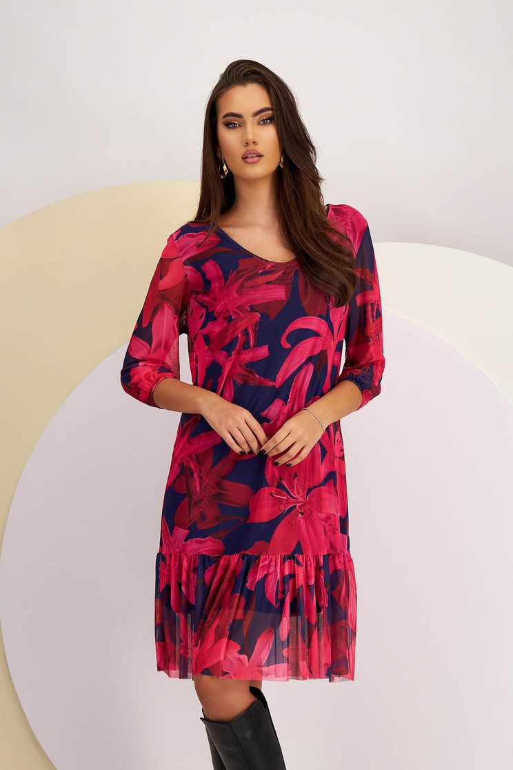 Rochie cu imprimeu floral din plasa imprimata midi cu un croi drept si decolteu in v - Lady Pandora