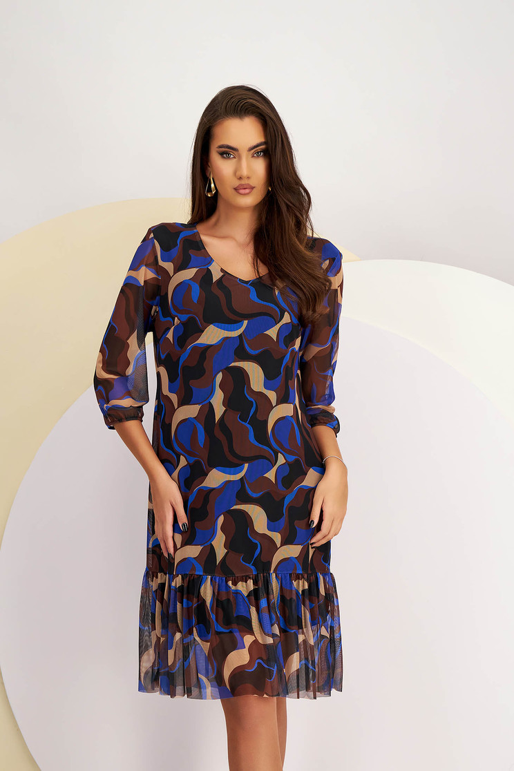 Rochie cu imprimeu abstract din plasa imprimata midi cu un croi drept si decolteu in v - Lady Pandora