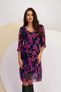 Mesh Printed Midi Dress with a Straight Cut and V-neckline - Lady Pandora