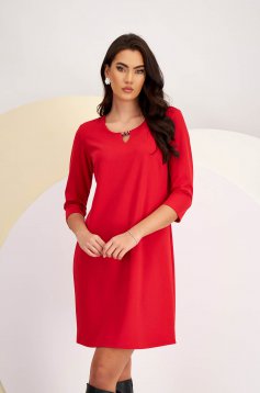 Red Midi Crepe Pencil Dress with Rounded Neckline - Lady Pandora