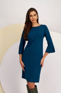 Petrol Blue Crepe Dress Short with Straight Cut and Pleated Frills on the Sleeve - Lady Pandora