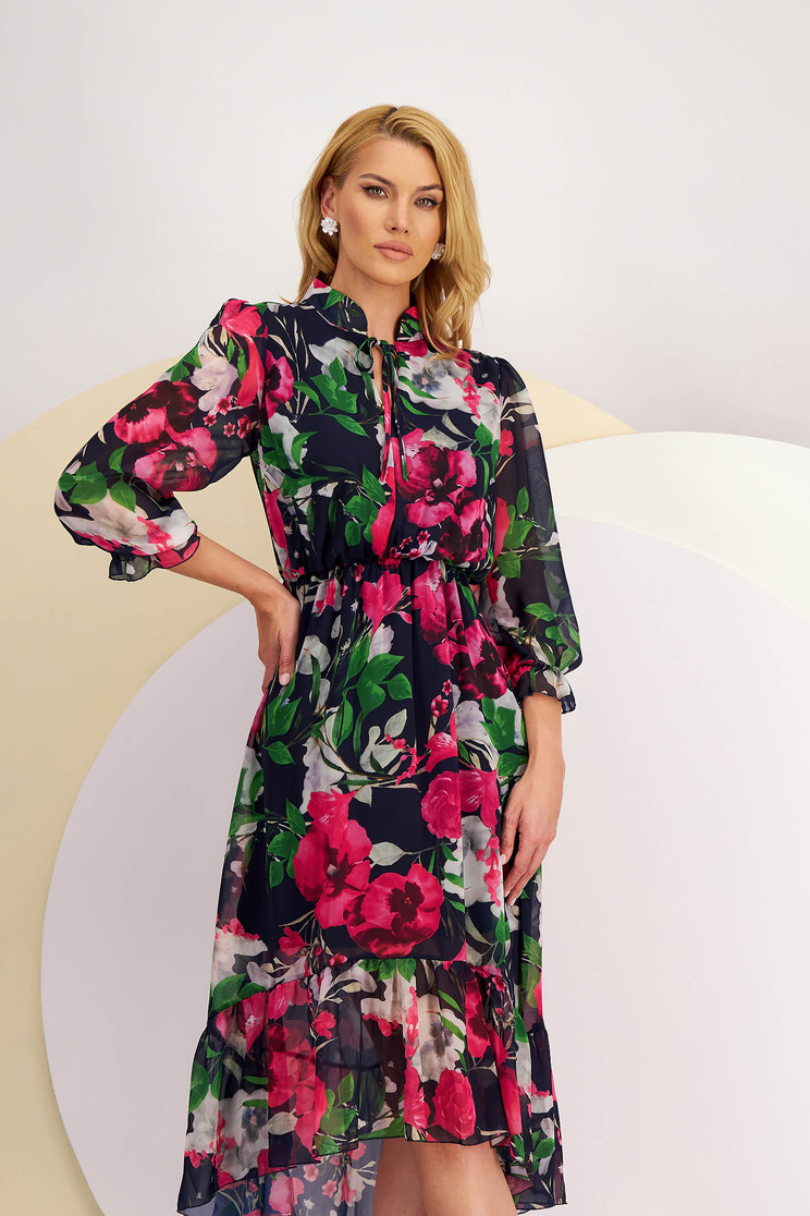 Rochie din voal midi in clos cu elastic in talie si maneci bufante - StarShinerS - Rochii-Dama.ro