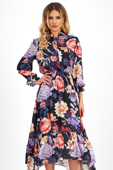 Online Dresses, Midi chiffon dress in a-line with elastic waist and puffed sleeves - StarShinerS - StarShinerS.com