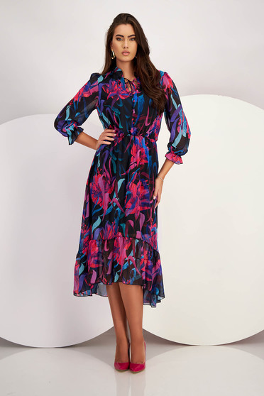 Floral print dresses, - StarShinerS dress from veil fabric midi cloche with elastic waist with puffed sleeves - StarShinerS.com