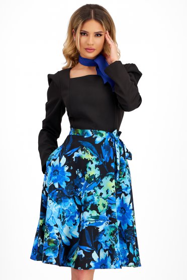 Floral print dresses, Elastic Fabric Dress in Flared Cut with Puffed Shoulders and Side Pockets - StarShinerS - StarShinerS.com