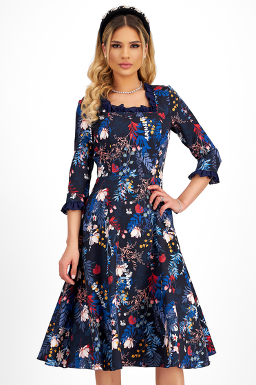 Online Dresses, Elastic Fabric Midi Dress in Clos with Ruffles at the Sleeve and Neckline - StarShinerS - StarShinerS.com