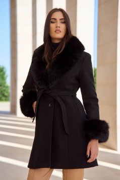 Palton din stofa negru cu un croi drept si insertii de blana ecologica detasabile - SunShine