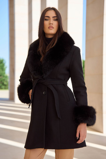 Straight coats, Black coat elastic cloth straight with detachable faux fur insertions - StarShinerS.com
