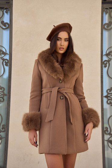 Straight coats, Brown coat elastic cloth straight with detachable faux fur insertions - StarShinerS.com