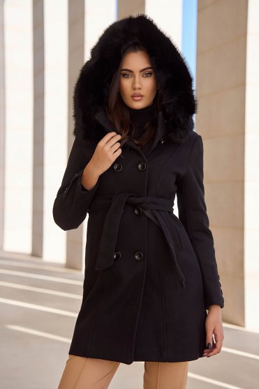 Casual coats, Black cloth coat with a straight cut and detachable hood accessorized with faux fur - SunShine - StarShinerS.com