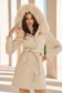 Palton din stofa bej cu un croi drept si gluga detasabila accesorizata cu blana ecologica - SunShine 1 - StarShinerS.ro
