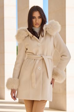 Beige cloth coat with a straight cut and detachable hood with side pockets - SunShine