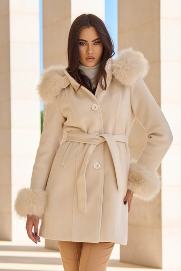 Elegant coats, Beige coat elastic cloth straight detachable hood lateral pockets - StarShinerS.com
