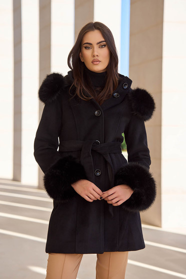 Straight coats, Black coat elastic cloth straight detachable hood lateral pockets - StarShinerS.com