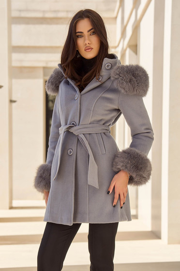 Grey coat elastic cloth straight detachable hood lateral pockets