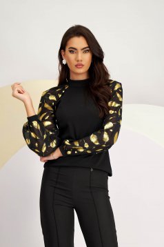 Women's Black Crepe Fitted Blouse with Long Puff Sleeves - StarShinerS