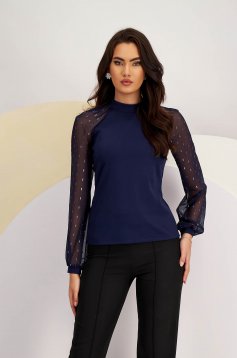 Navy Blue Crepe Fitted Women's Blouse with Long Puff Sleeves - StarShinerS