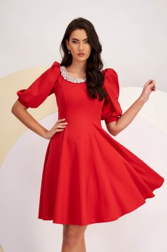 Red Crepe Knee-Length Flared Dress with Pearl Appliqués - StarShinerS